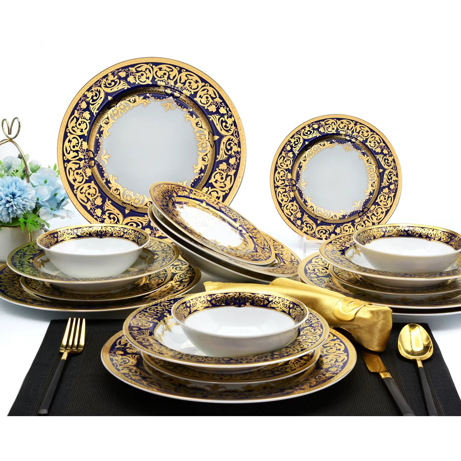 Aurora Blue Gold Rim Bone china Tableware Set