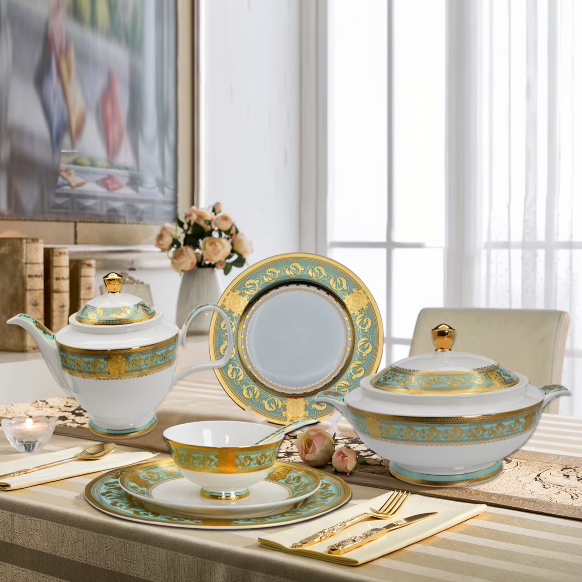 Aurora Green Gold Rim Bone china Dinner Sets