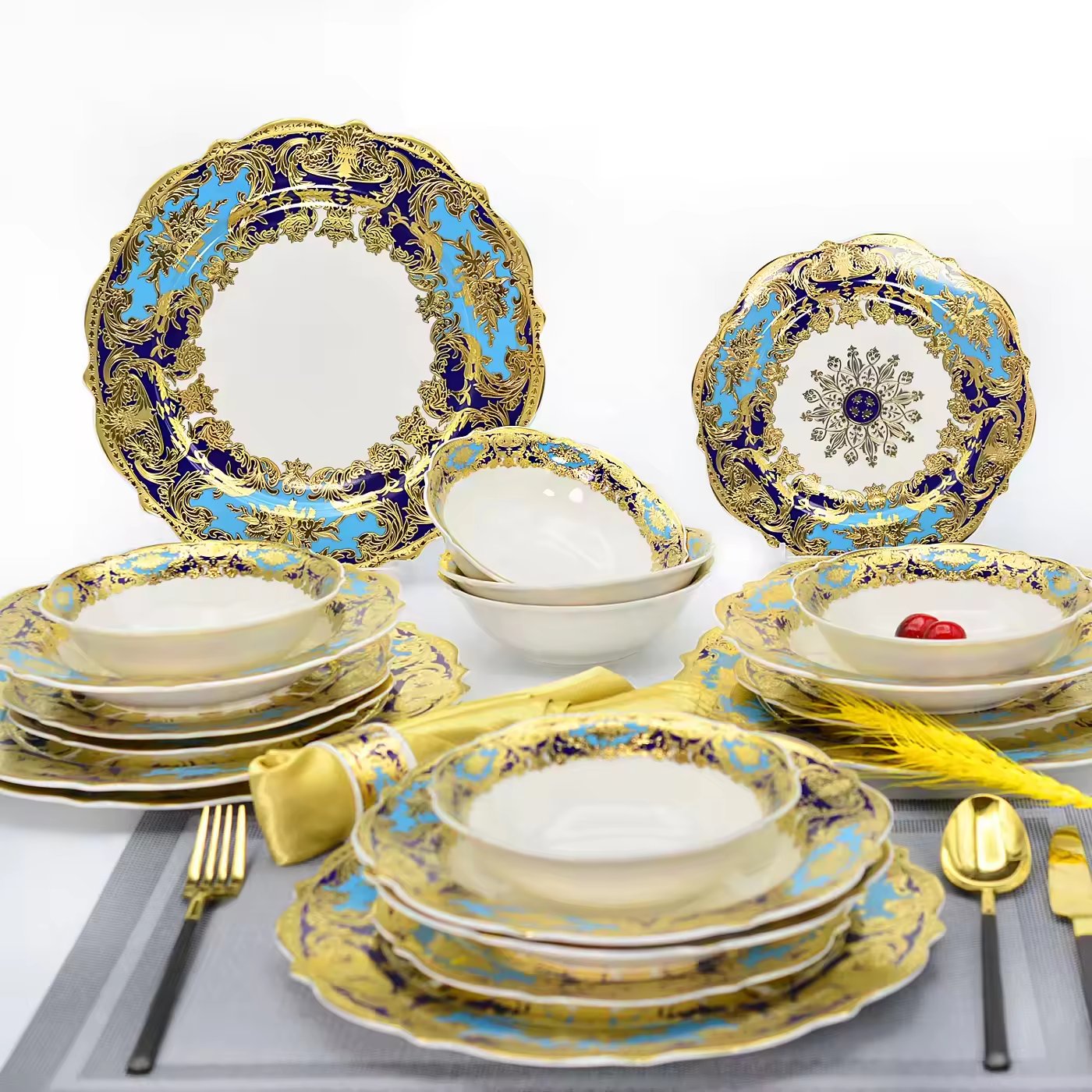 Aurora Sky Blue and Gold Embossed Design dinnerware Set