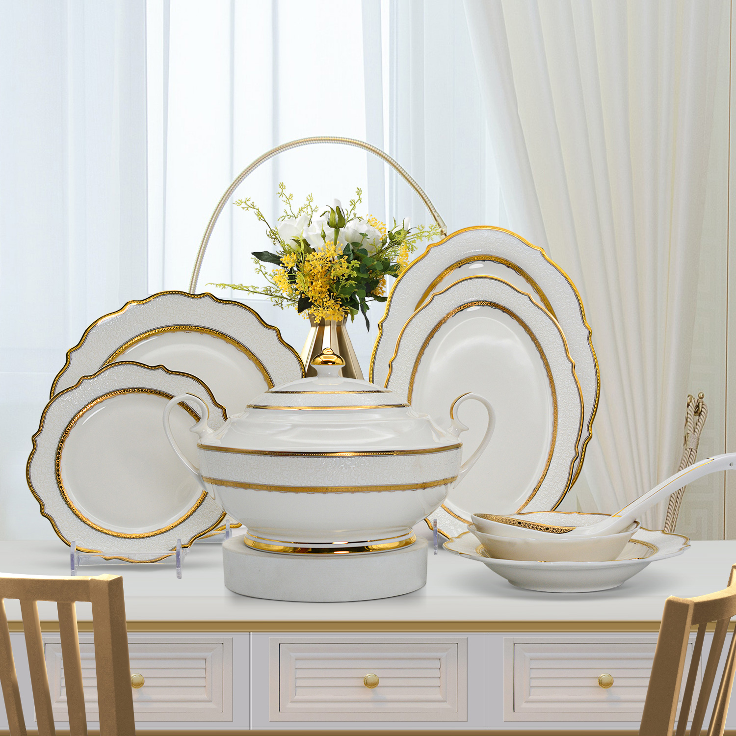 Aurora White embossed Gold Rim Tableware Set