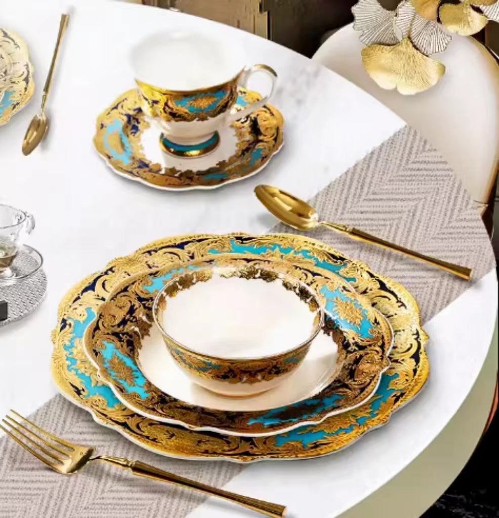 Aurora Sky Blue and Gold Embossed Design Dinnerware Set for 6