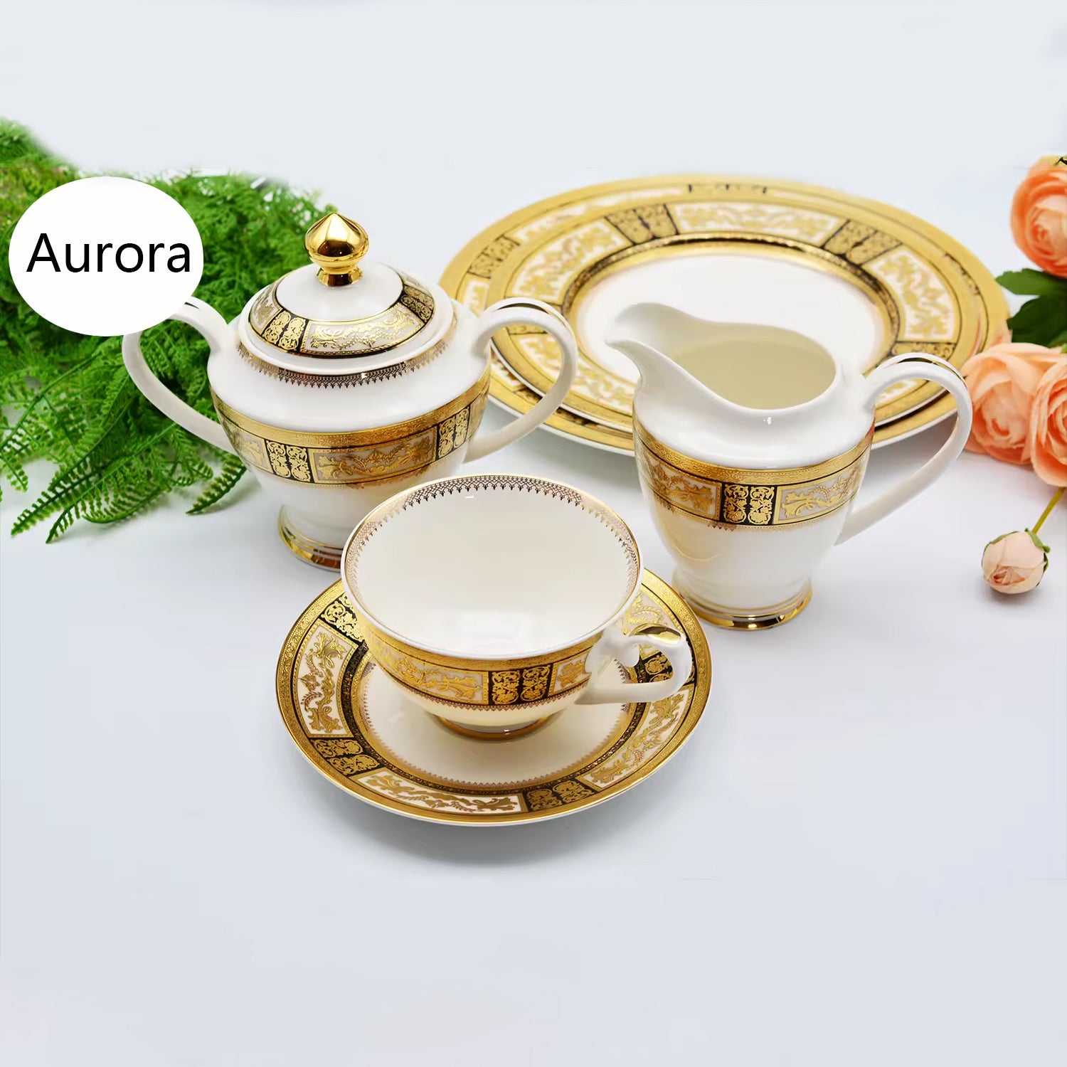 Aurora Royal China Deluxe Tableware Embossed Gold Bone China Dinner Set for 4