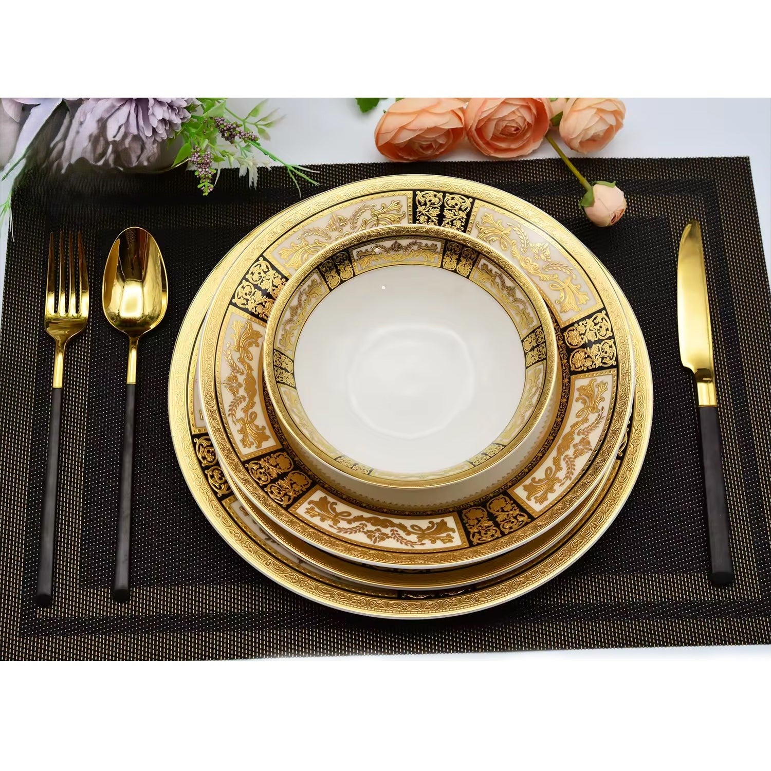 Aurora Royal China Deluxe Tableware Embossed Gold Bone China Dinner Set for 4