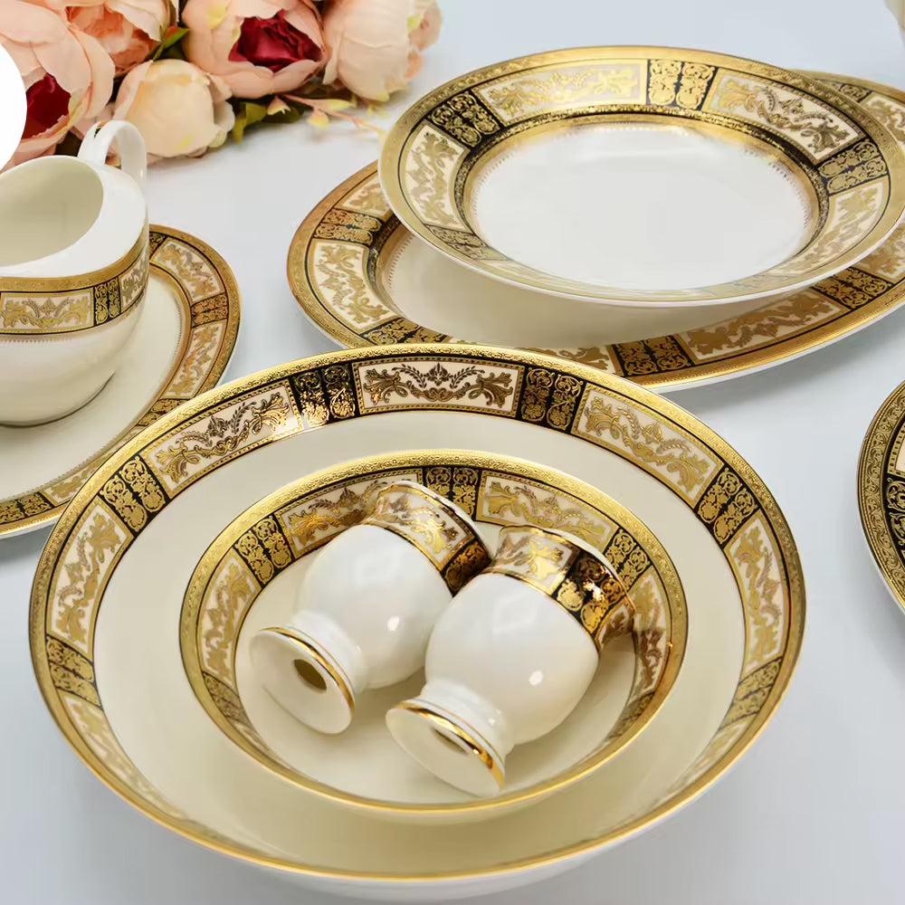 Aurora Royal China Deluxe Tableware Embossed Gold Bone China Dinner Set for 4