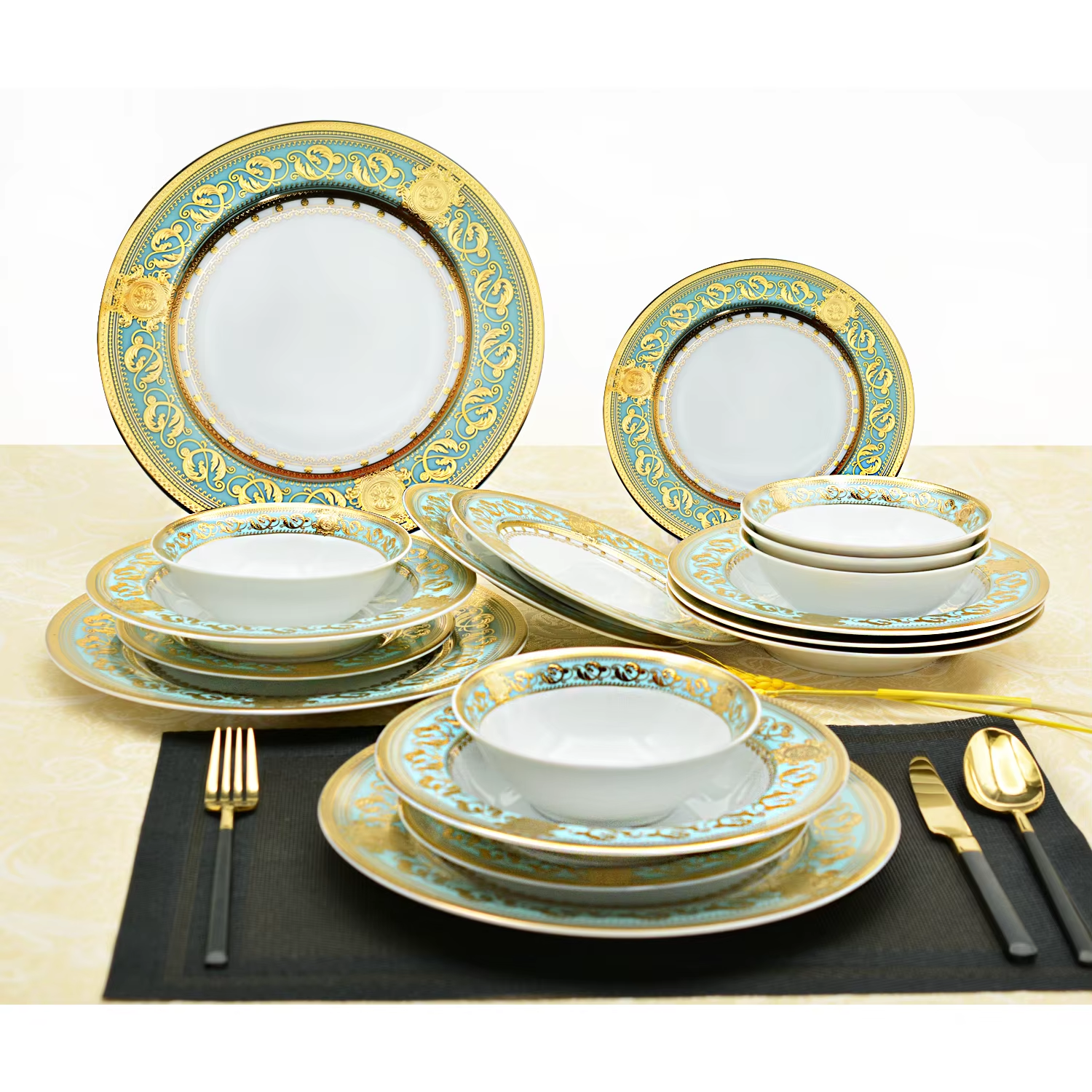 Aurora Green Gold Rim Bone china Dinnerware Sets for 4