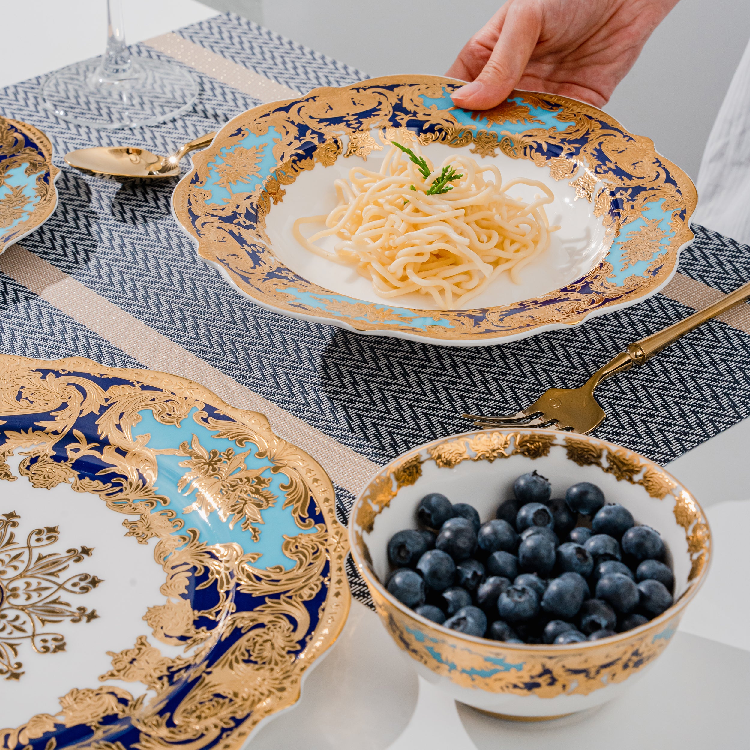 Aurora Sky Blue and Gold Embossed Design Dinnerware Set for 6