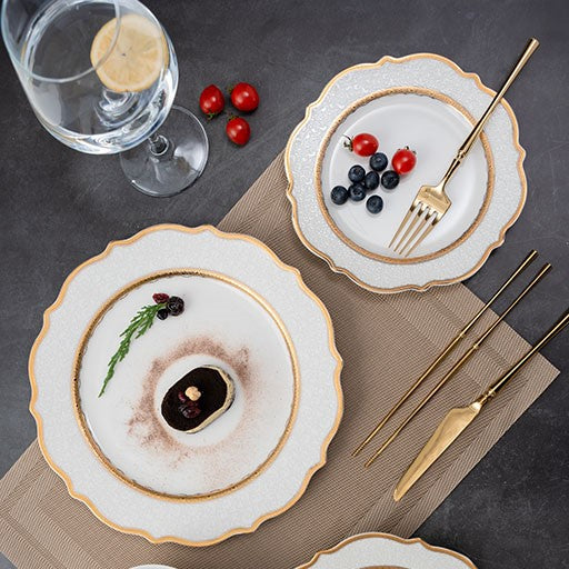 Aurora White Embossed Gold Rim Dinnerware Set for 4