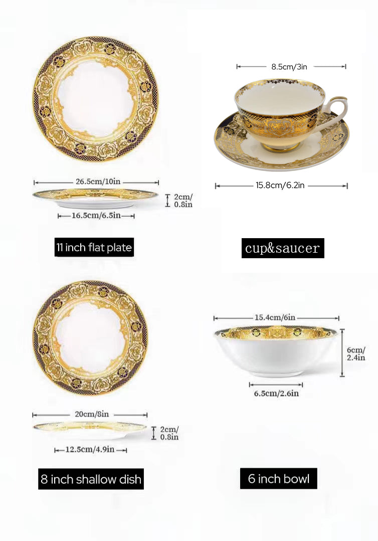 Aurora Deluxe Embossed Gold Bone china Plates and Bowls Set for 4