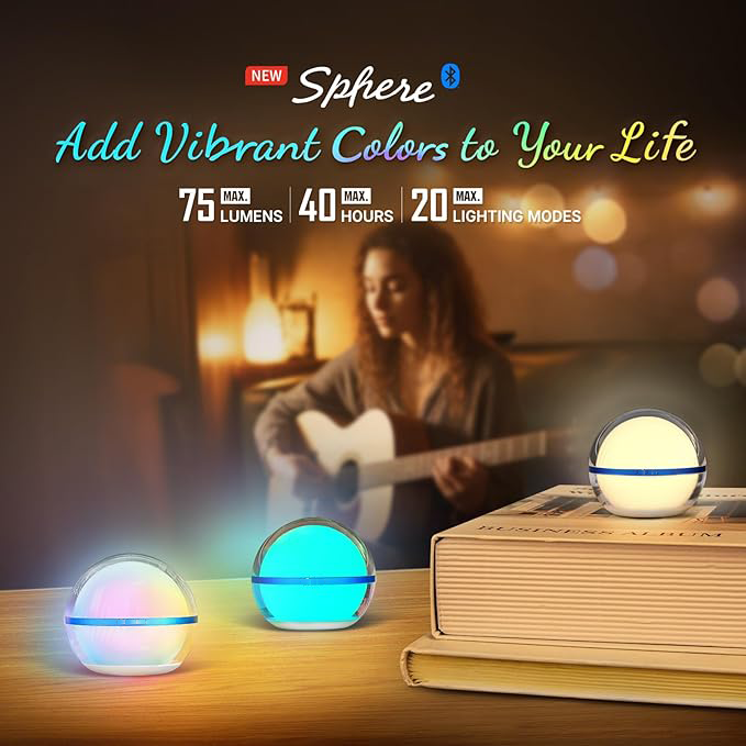 Aurora Sphere Smart Night Light, 75 lumens Stepless Dimming Table Lamp with Remotely APP Control, Magnetic Rechargeable RGB Ambient Light for Sleeping, Reading, and Relaxation