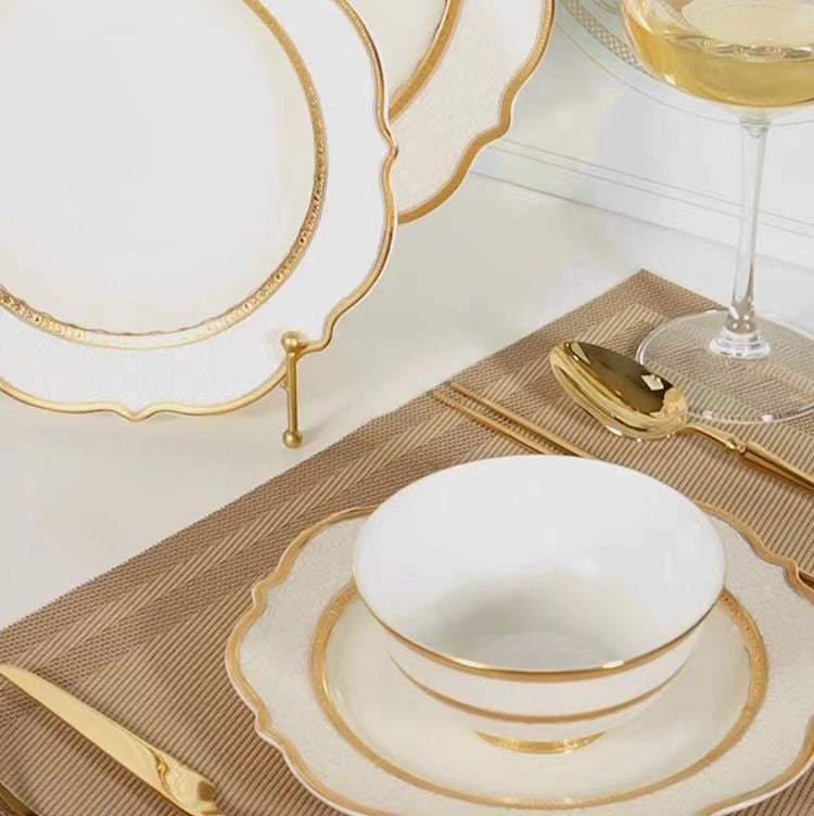 Aurora White Embossed Gold Rim Dinnerware Set for 4