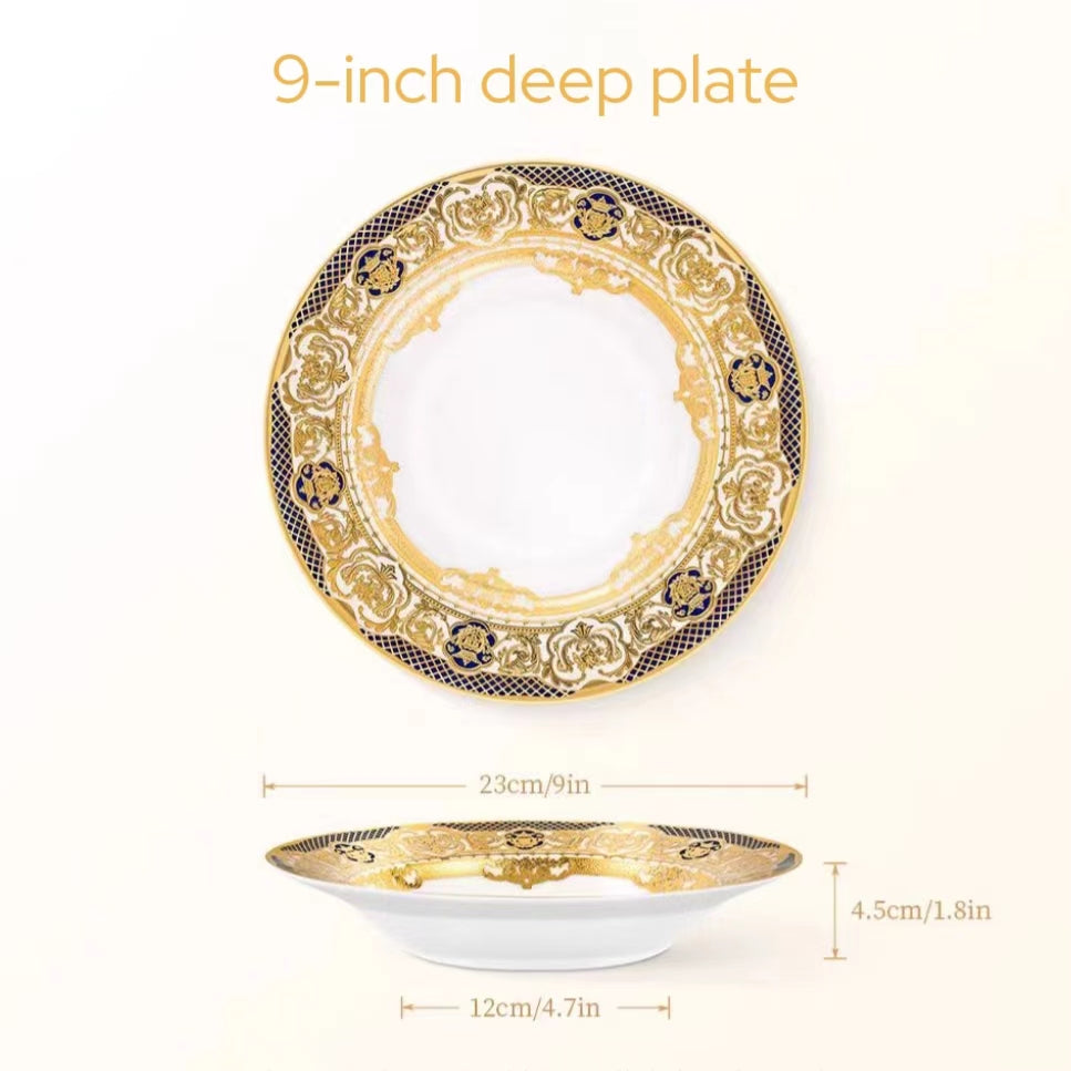 Aurora Deluxe Embossed Gold Bone china Tableware Set 9 Inch Deep Plate