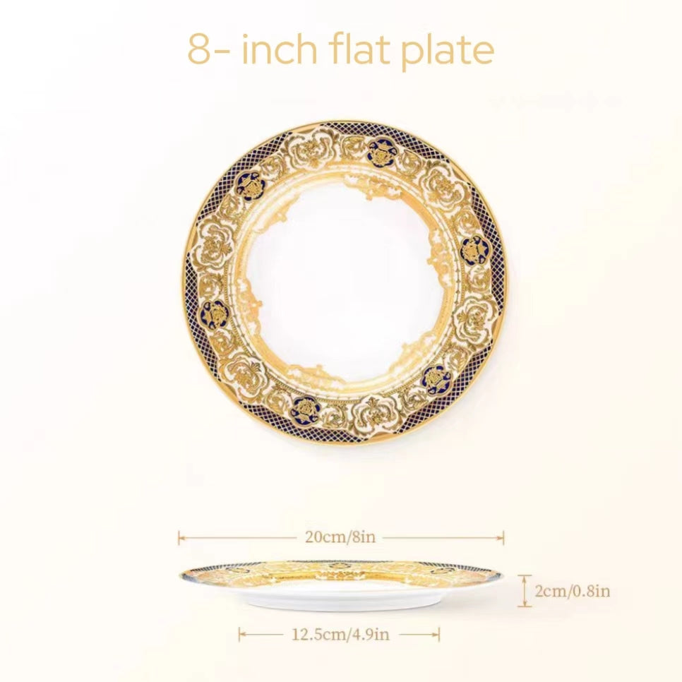 Aurora Deluxe Embossed Gold Bone china Tableware Set 8 Inch Flat Plate