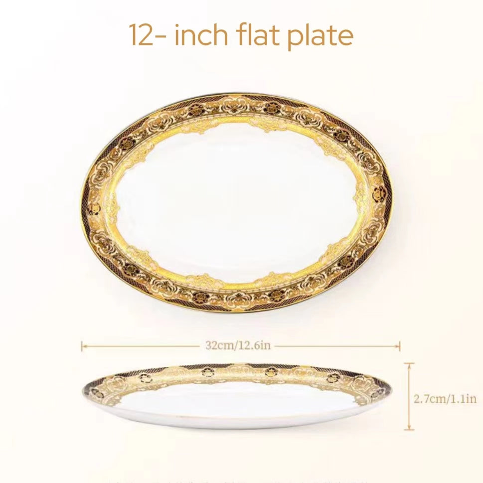 Aurora Deluxe Embossed Gold Bone china Tableware Set 12 Inch Plate