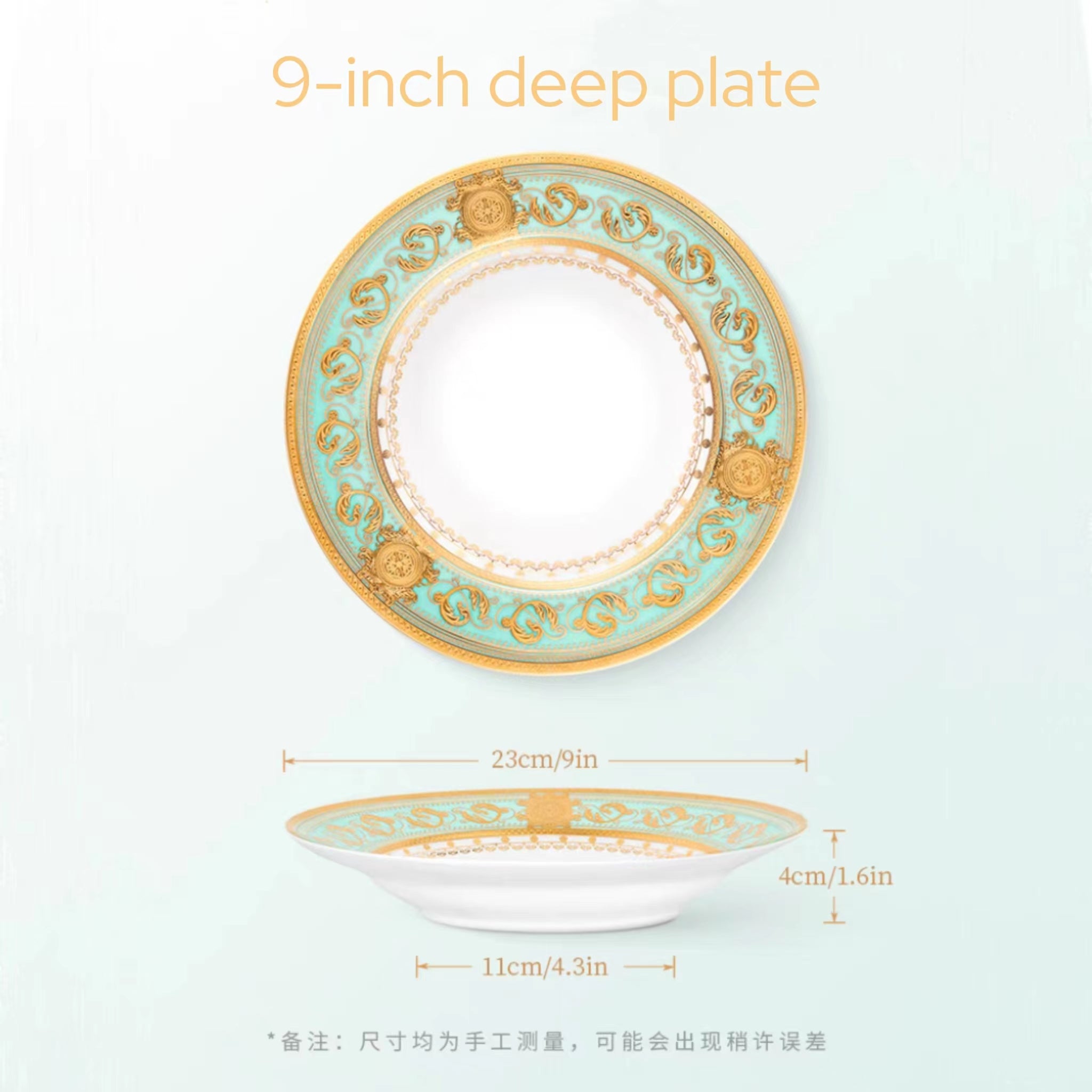 Aurora Green Gold Rim Bone china Dinnerware Sets 9 Inch Deep Plate