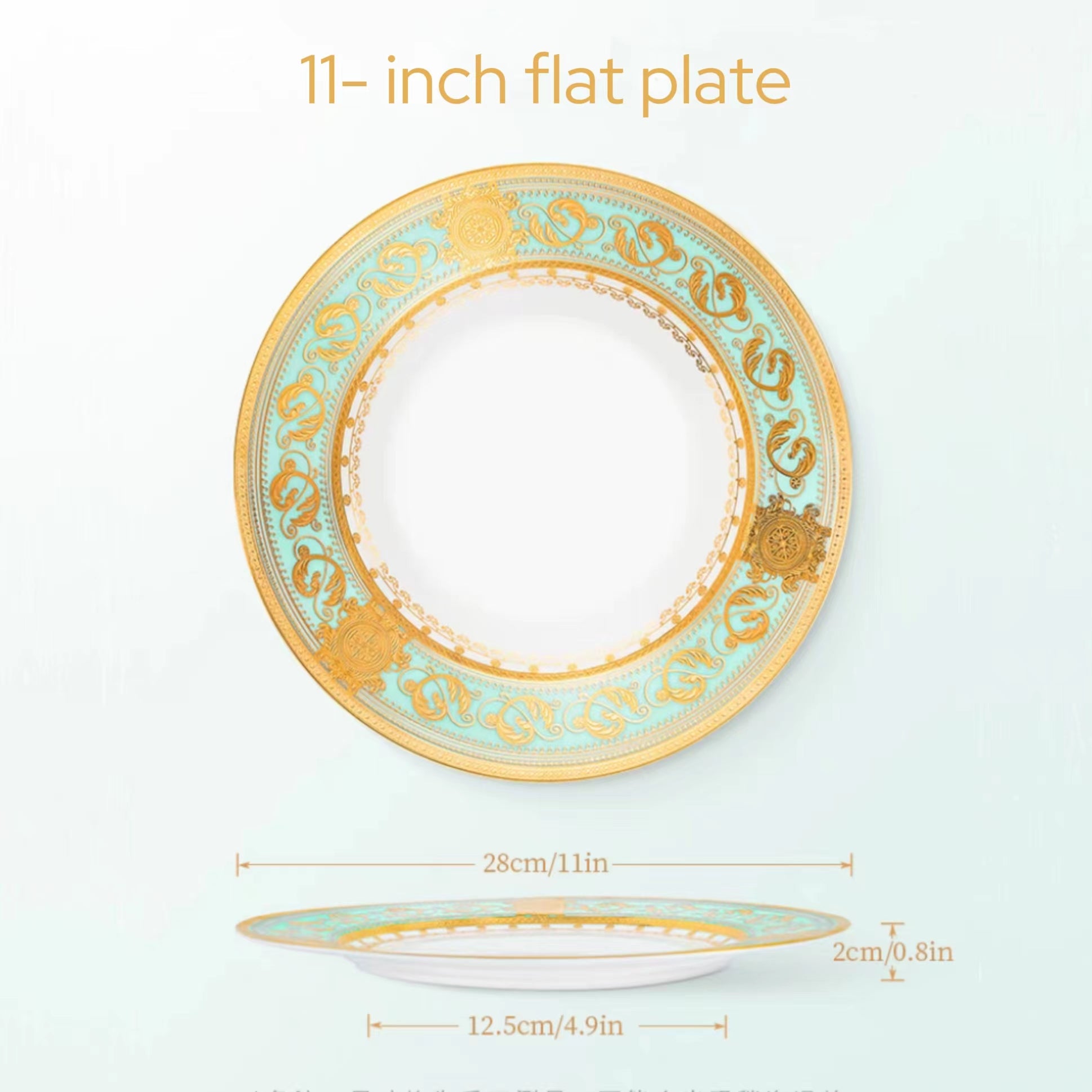 Aurora Green Gold Rim Bone china Dinnerware Sets 11 Inch Flat Plate