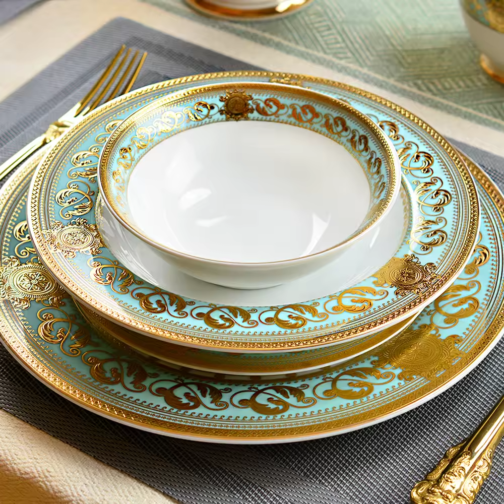 Aurora Green Gold Rim Bone china Dinnerware 4 Piece Sets