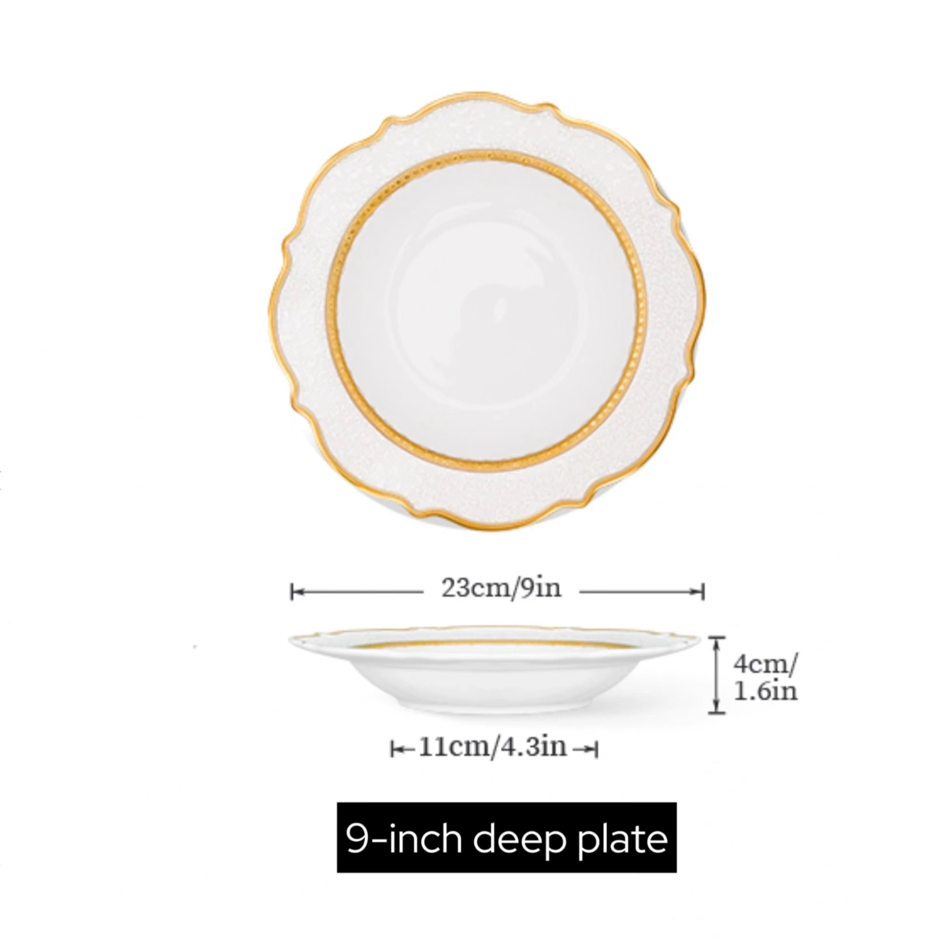 Aurora White Embossed Gold Rim Dinnerware Set 9 Inch Plate