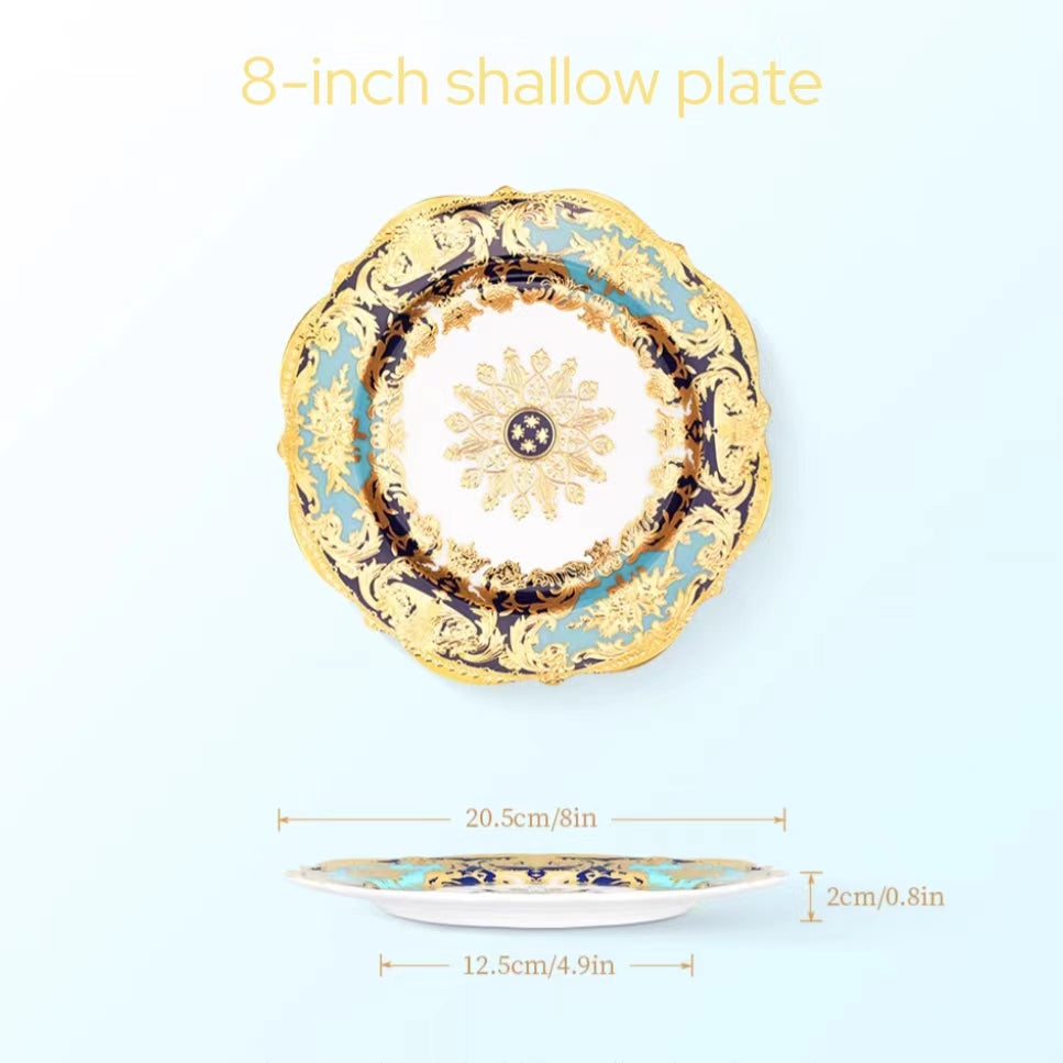 Aurora Light Luxury Sky Blue and Gold Embossed Design Dinnerware Set 8"Shallow Plate