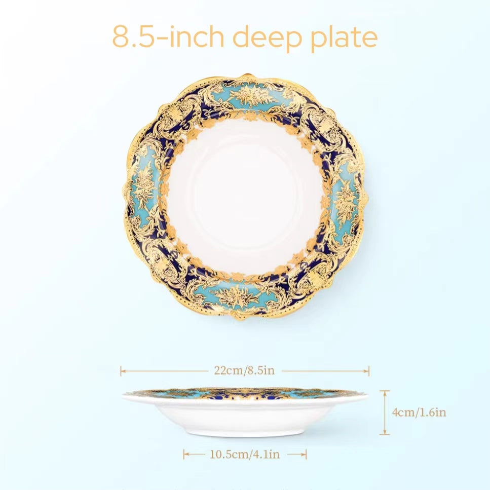 Aurora Light Luxury Sky Blue and Gold Embossed Design Dinnerware Set 8.5“Deep Plate