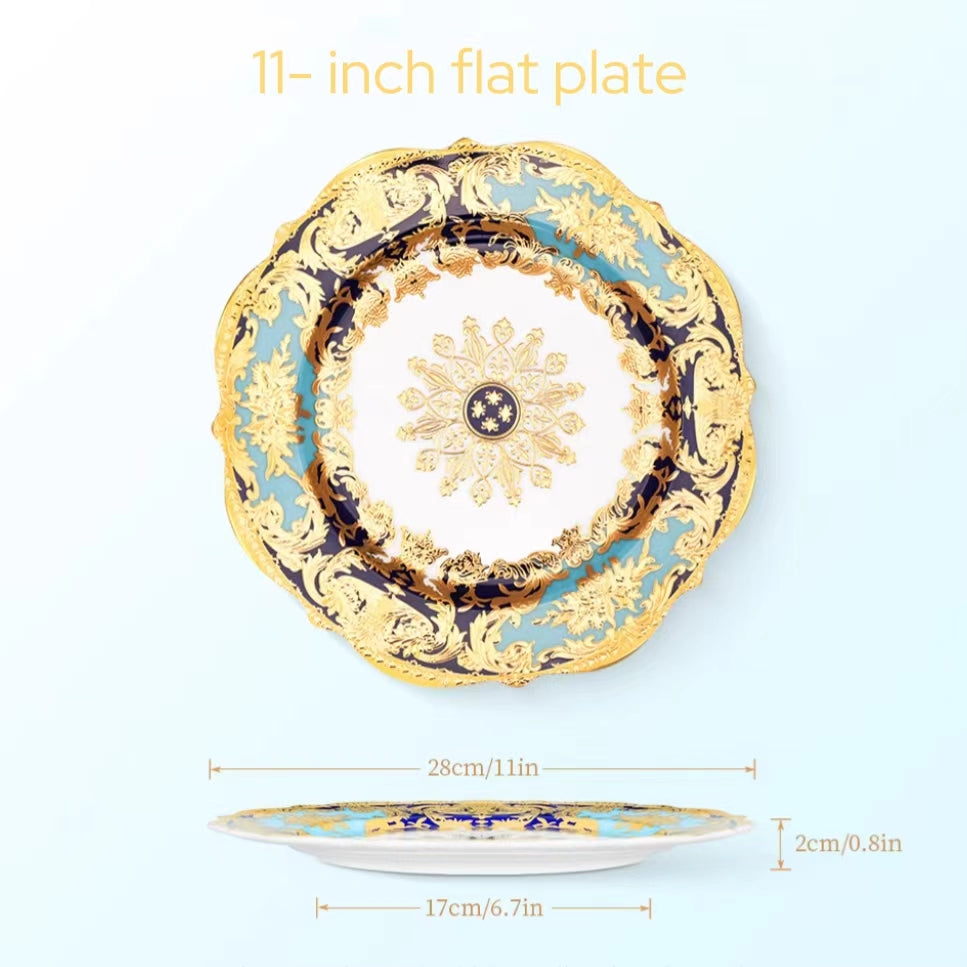 Aurora Sky Blue and Gold Embossed Design Dinnerware Set 11 Inch Flat Plate