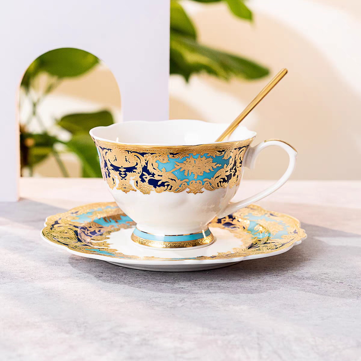 Aurora Sky Blue and Gold Embossed Design Coffee Cup Bone china Tea Set