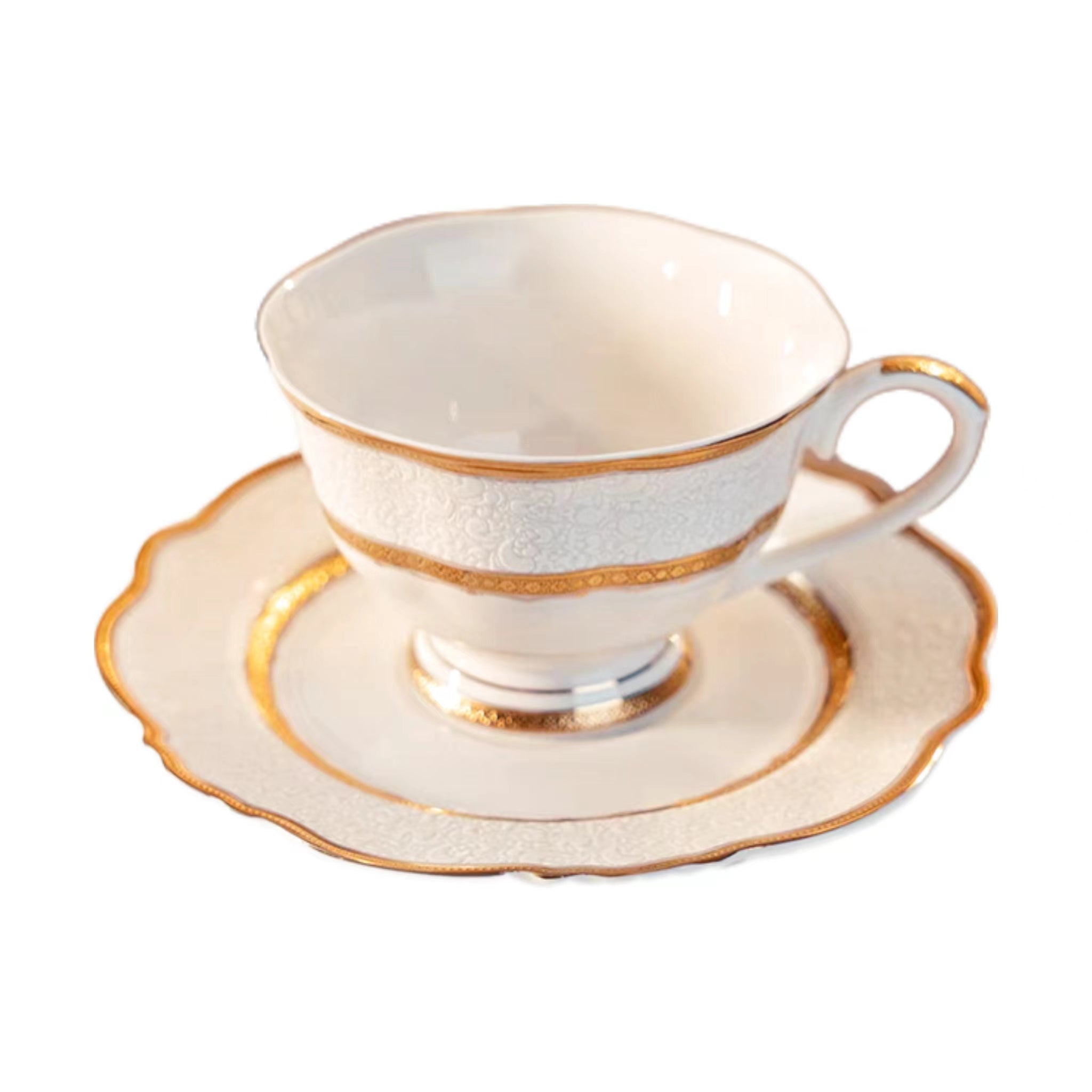 Aurora White Embossed Gold Rim Coffee Cup British Luxury Set