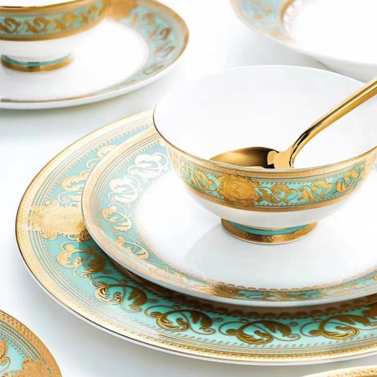 Aurora Green Gold Rim Bone china Dinnerware Sets 7 Inch Shallow Plate