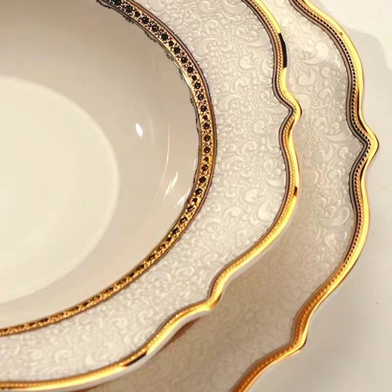 Aurora White Embossed Gold Rim Dinnerware Set 9 Inch Plate