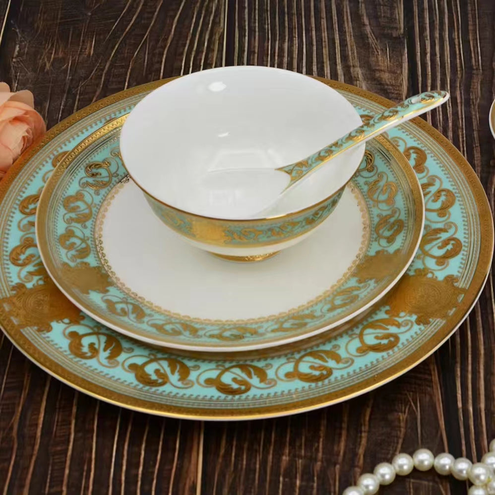 Aurora Green Gold Rim Bone china Dinnerware Sets Big Ladle