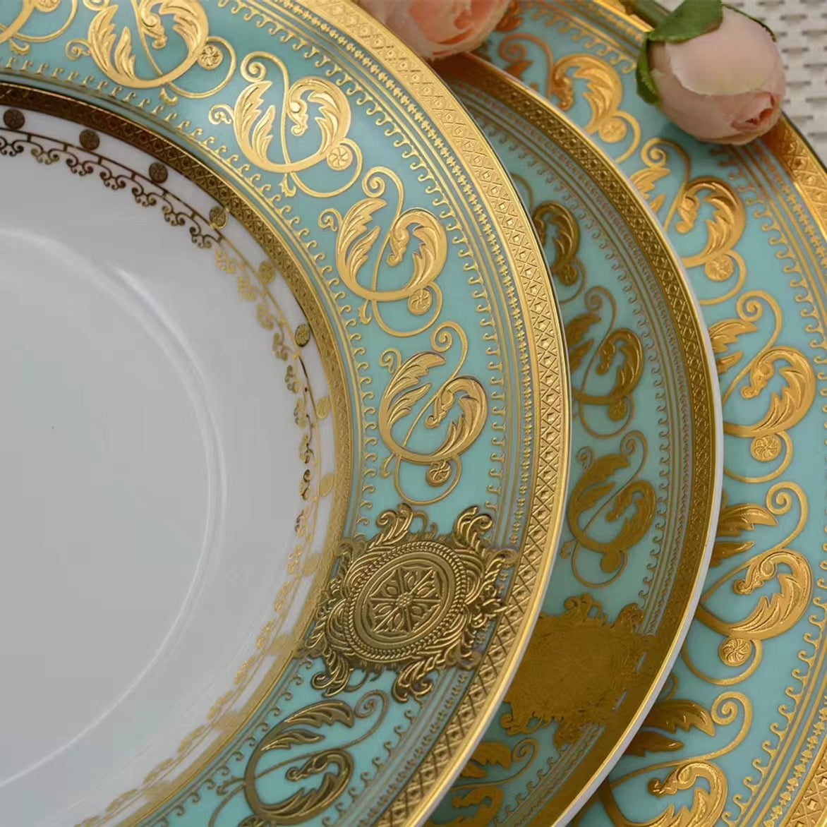 Aurora Green Gold Rim Bone china Dinnerware Sets for 4