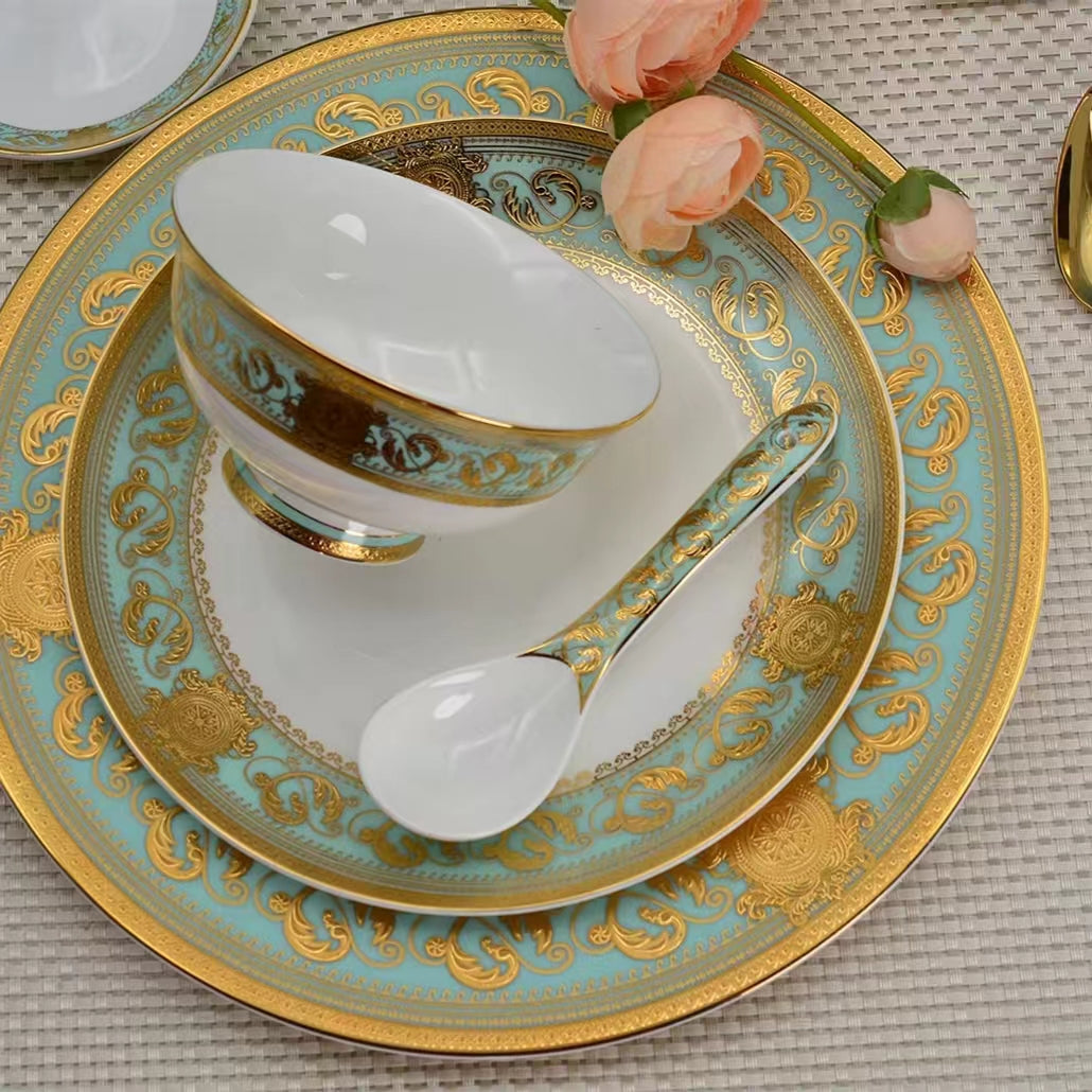 Aurora Green Gold Rim Bone china Dinnerware Sets 4.5 Inch Bowl