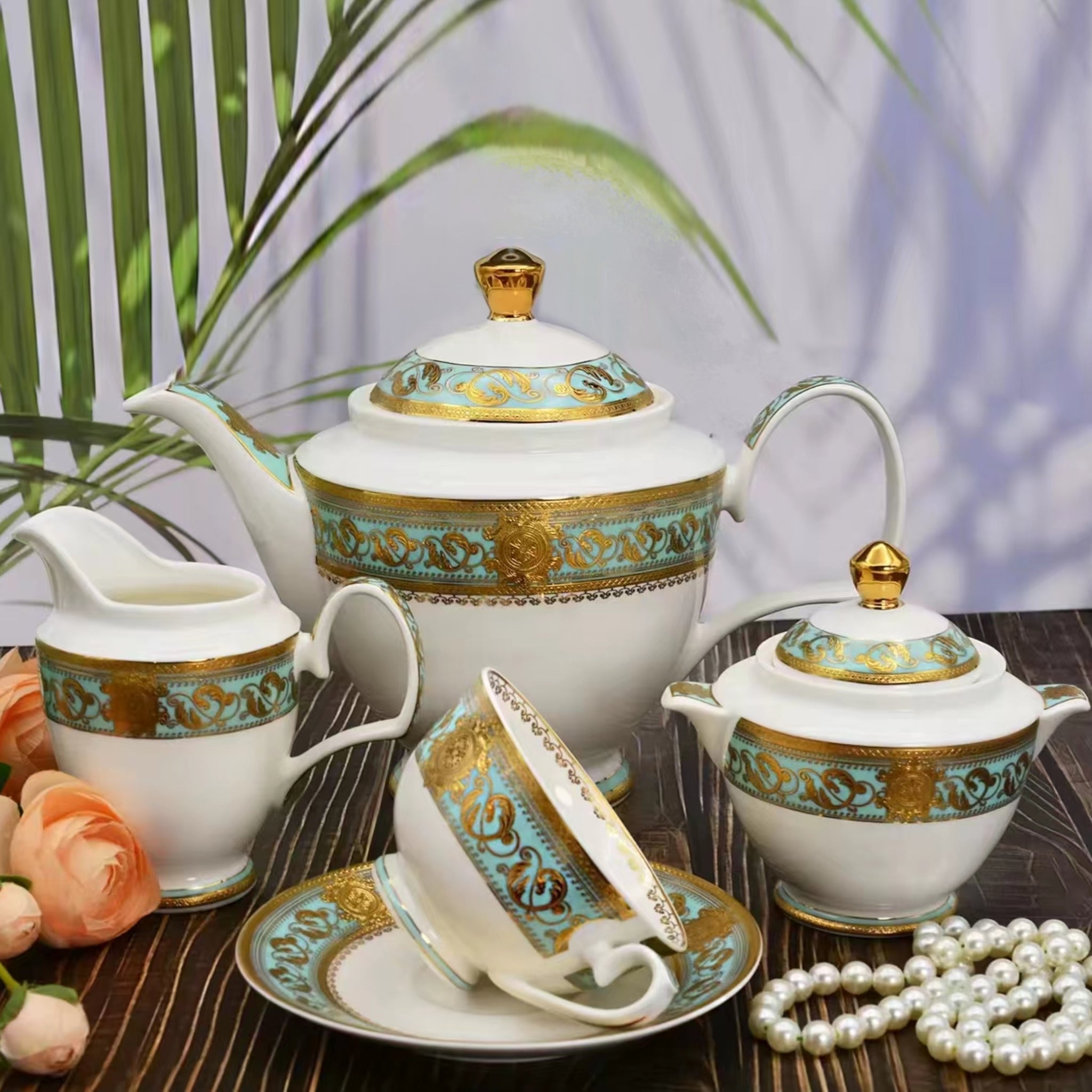 Aurora Green Gold Rim Bone china Dinnerware Sets Tea Pot