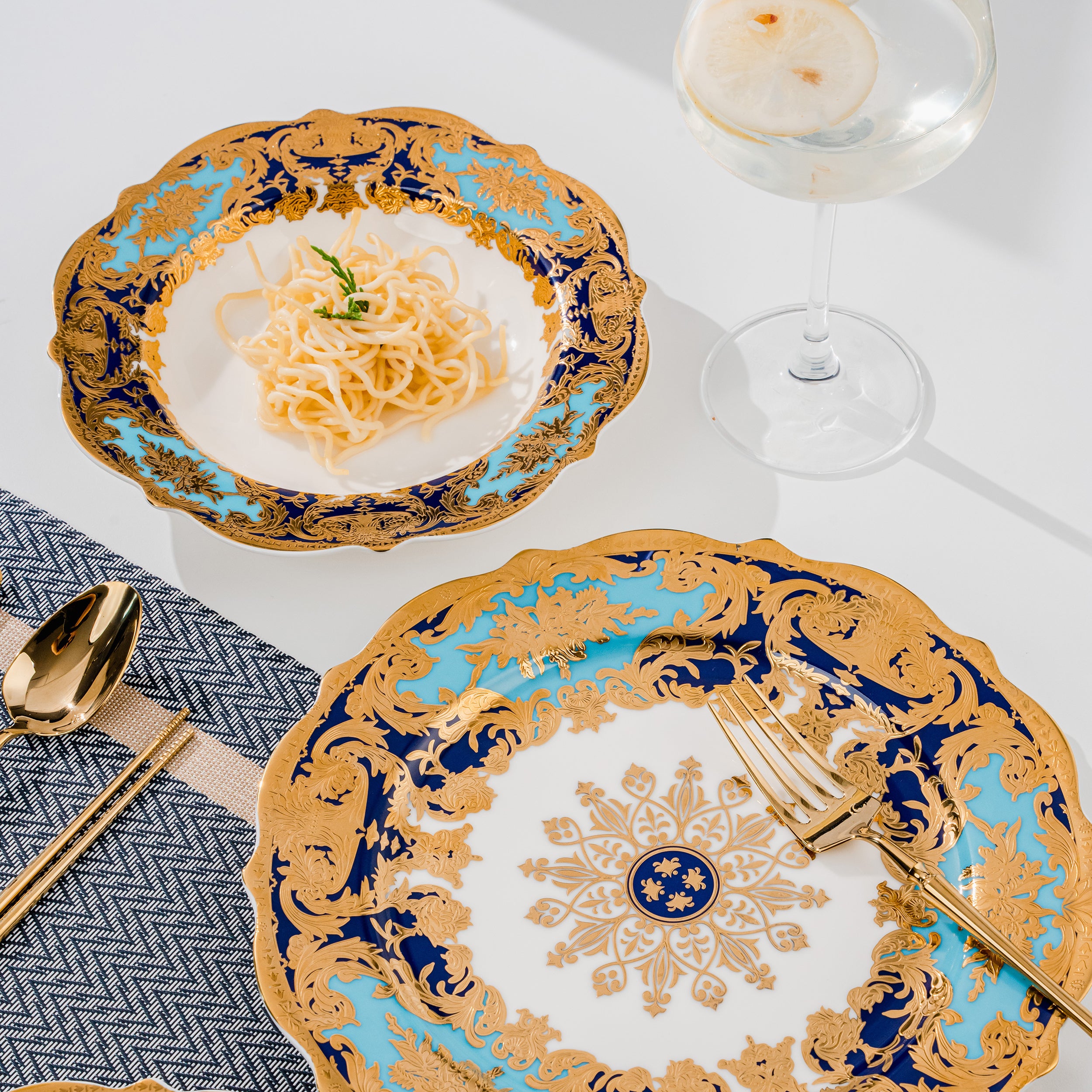 Aurora Sky Blue and Gold Embossed Design Dinnerware Set for 4