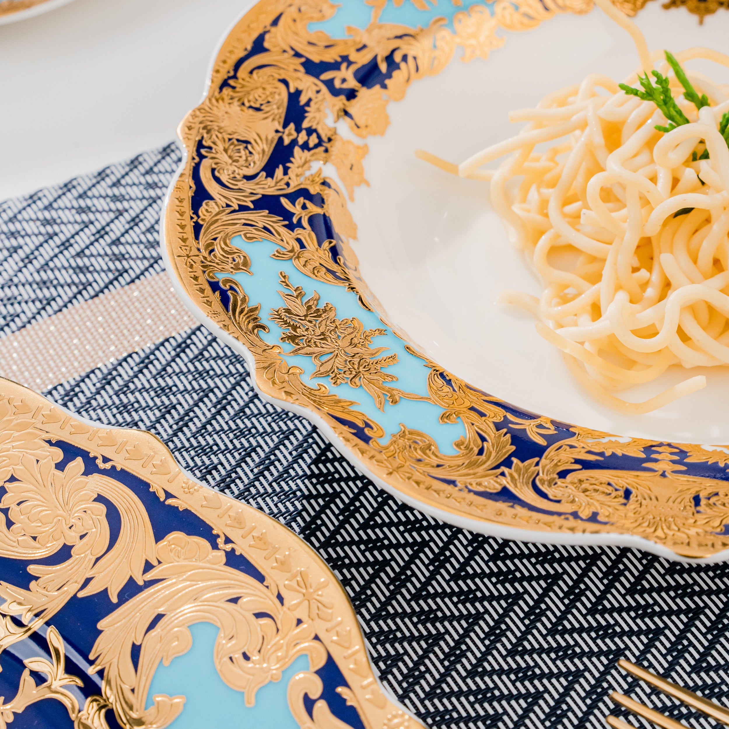 Aurora Sky Blue and Gold Embossed Design Dinnerware Set for 6