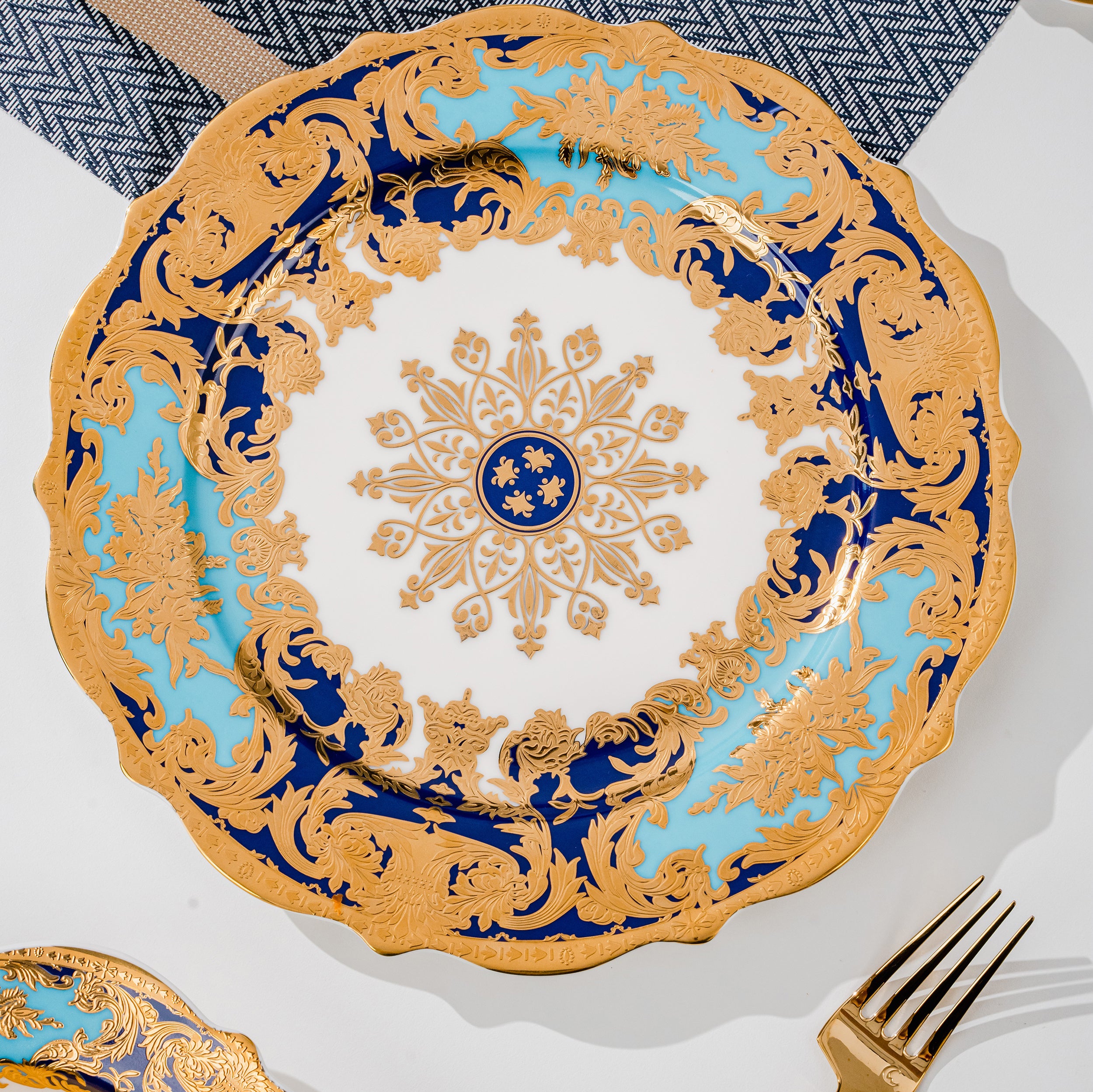 Aurora Sky Blue and Gold Embossed Design Dinnerware Set 11 Inch Flat Plate