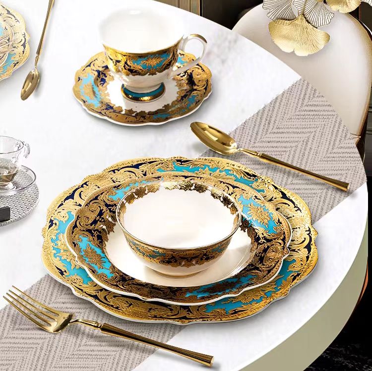 Aurora Sky Blue and Gold Embossed Design Dinnerware Set 4 Piece Sets