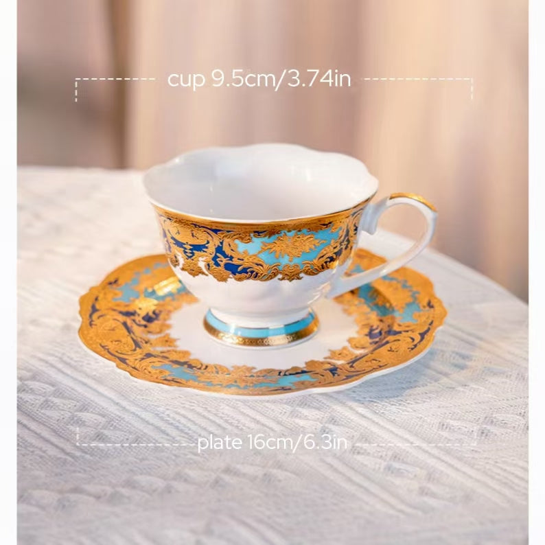 Aurora Sky Blue and Gold Embossed Design Coffee Cup Bone china Tea Set