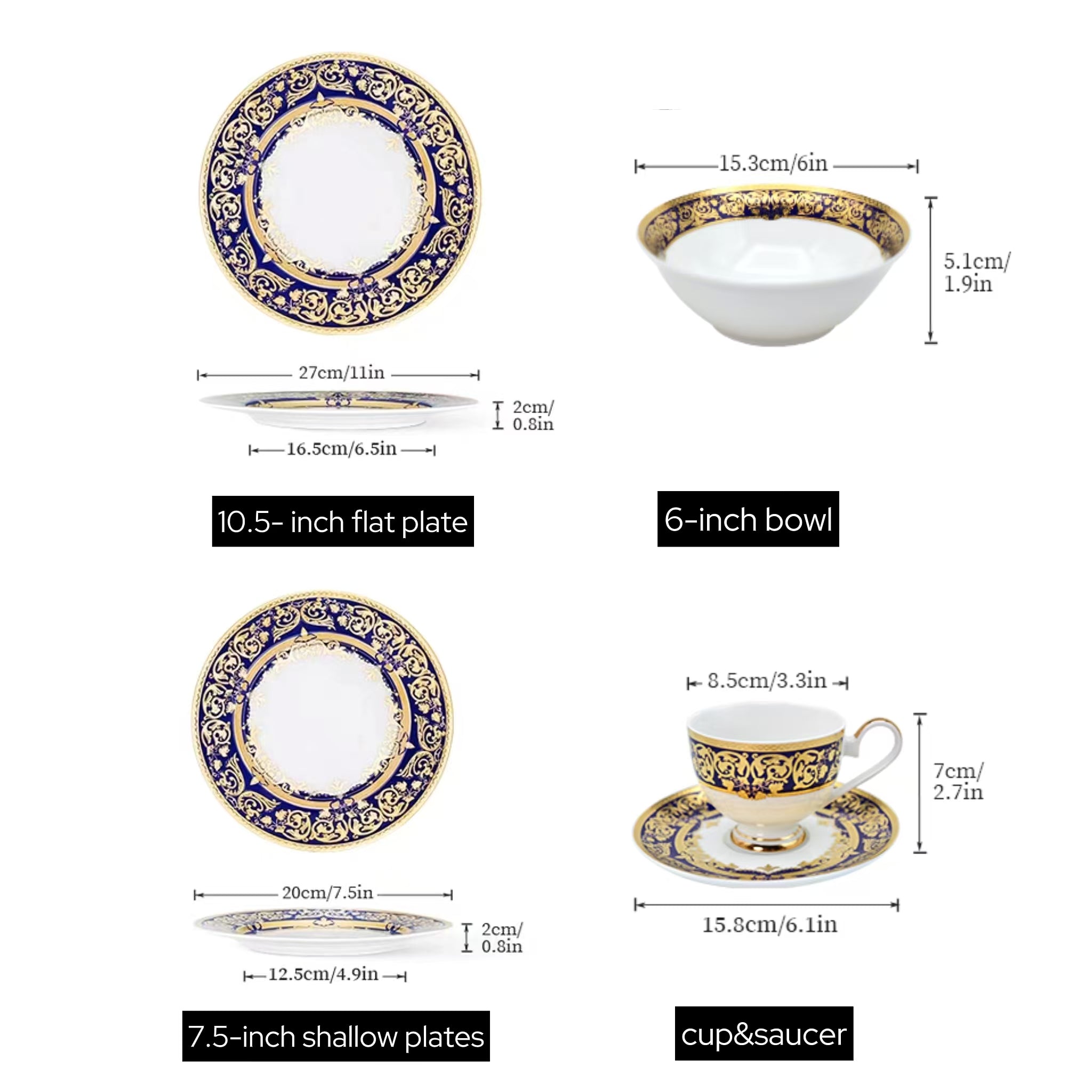 Aurora Blue Gold Rim Bone china Tableware 4 Piece Sets