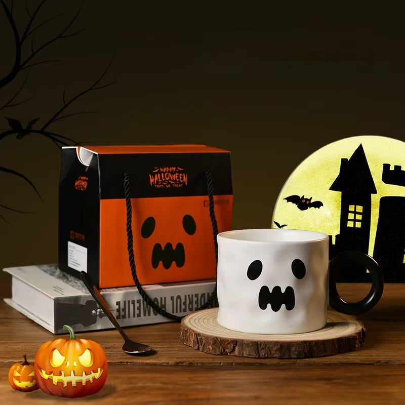 Halloween Party Supplies Ceramic Pumpkin Mug and Spoon Gift Box Set——White ghost