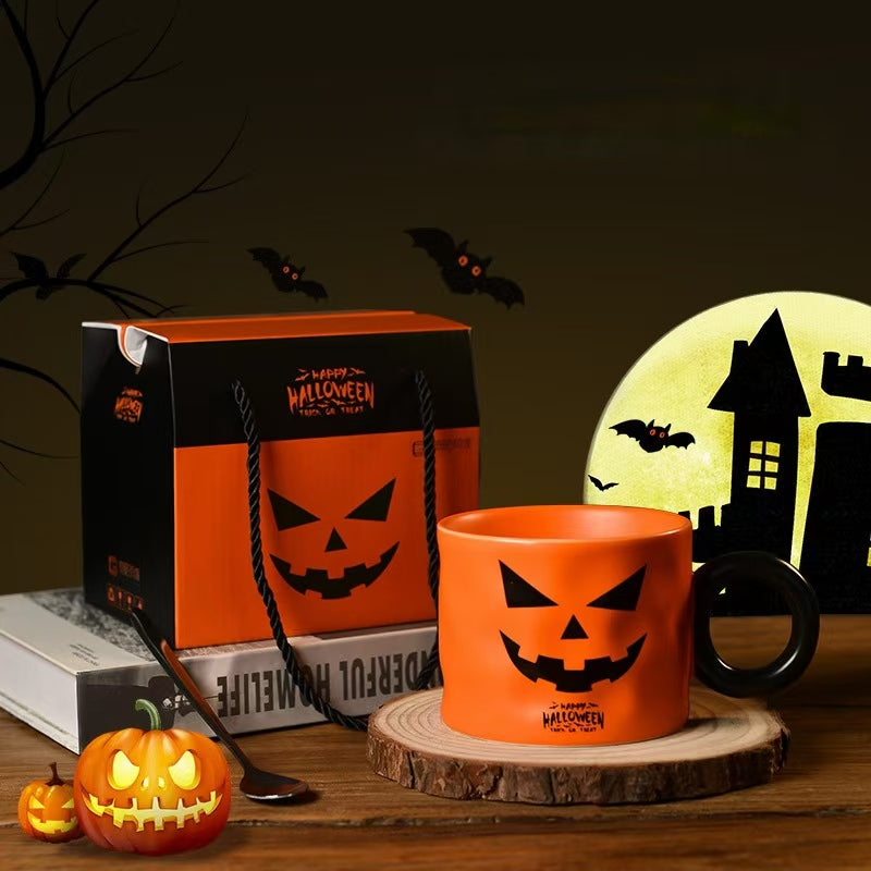 Halloween Party Supplies Ceramic Pumpkin Mug and Spoon Gift Box Set——Orange Demon