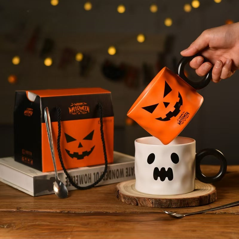 Halloween Party Supplies Ceramic Pumpkin Mug and Spoon Gift Box Set——White ghost