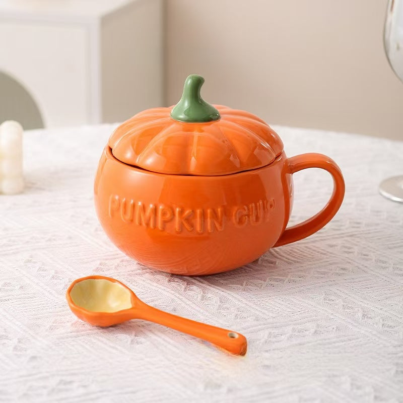 Halloween Ceramic Pumpkin Mug with Lid and Spoon