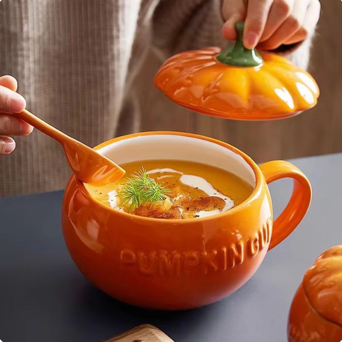 Halloween Ceramic Pumpkin 28oz Bowl with Lid and Spoon