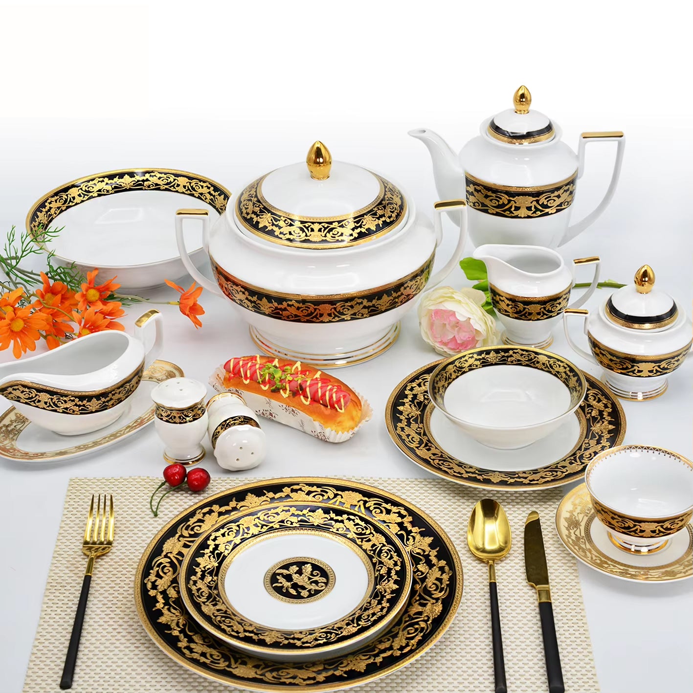 Aurora Black Embossed Gold Vintage Bone China Dinnerware for 4