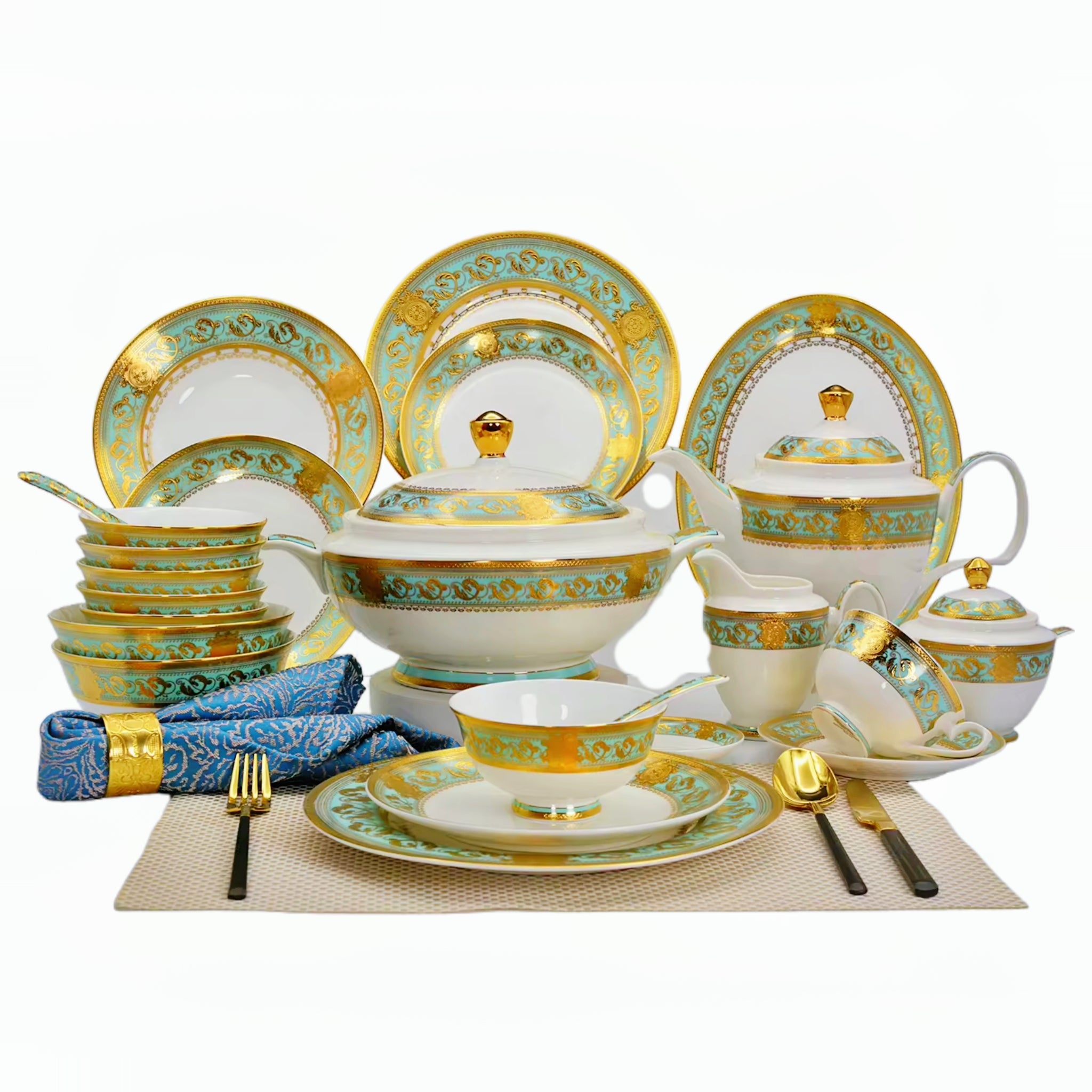 Aurora Green Gold Rim Bone china Dinnerware Sets 6 Inch Deep Bowl