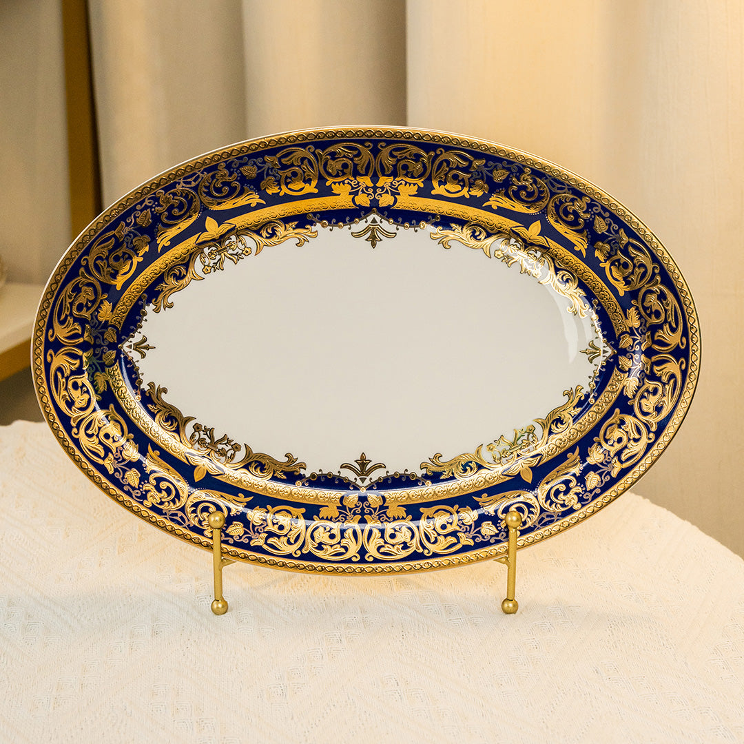 Aurora Blue Gold Rim Bone china Tableware Sets 12 Inch Flat Plate