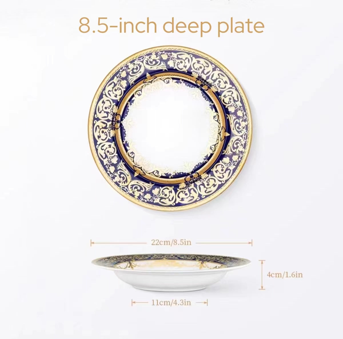 Aurora Blue Gold Rim Bone China Tableware  Sets 8.5 Inch Deep Plate