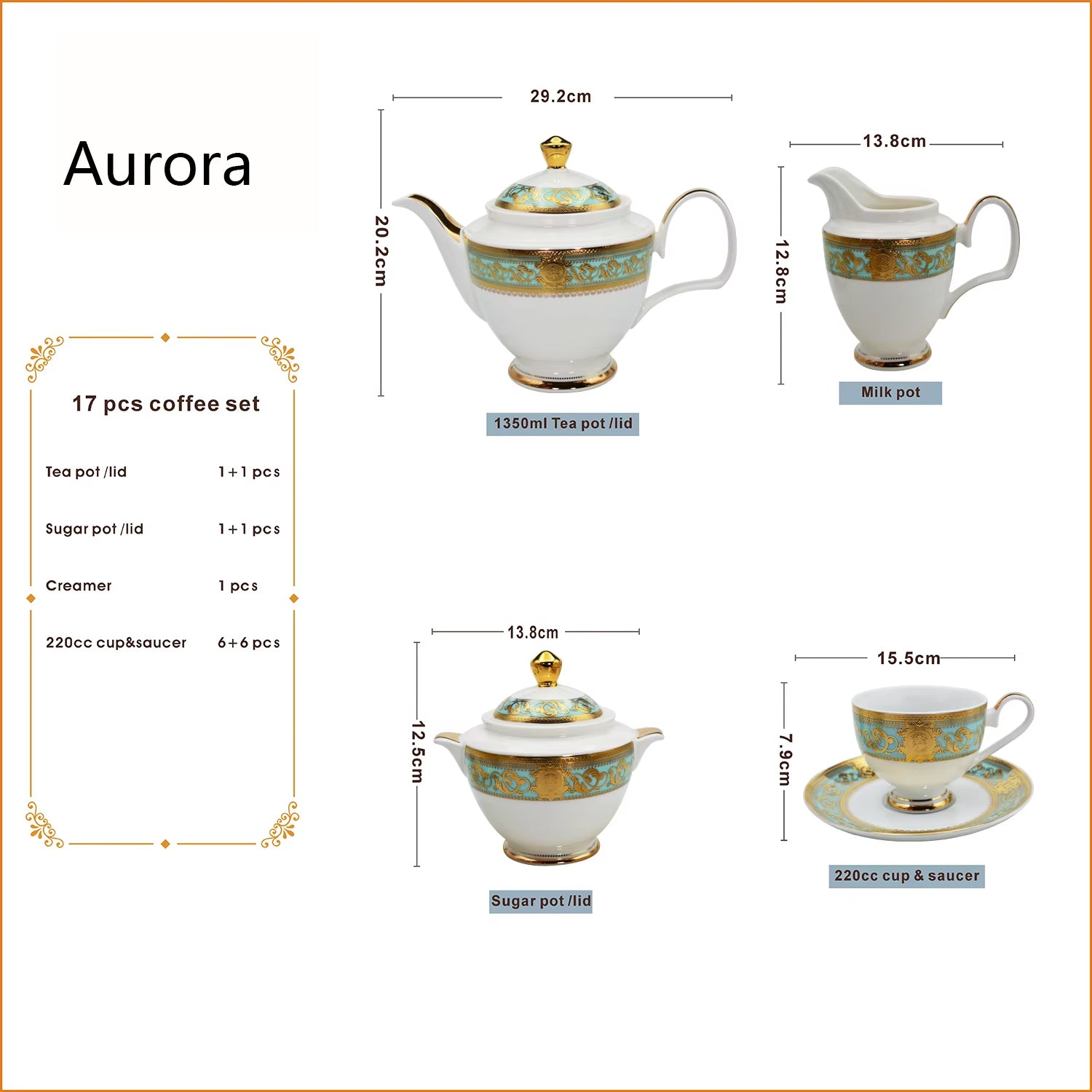 Aurora Green Gold Rim Bone china Tea Sets for 6