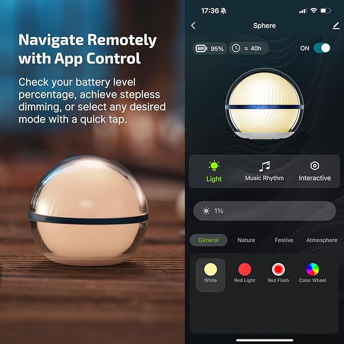 Aurora Sphere Smart Night Light, 75 lumens Stepless Dimming Table Lamp with Remotely APP Control, Magnetic Rechargeable RGB Ambient Light for Sleeping, Reading, and Relaxation