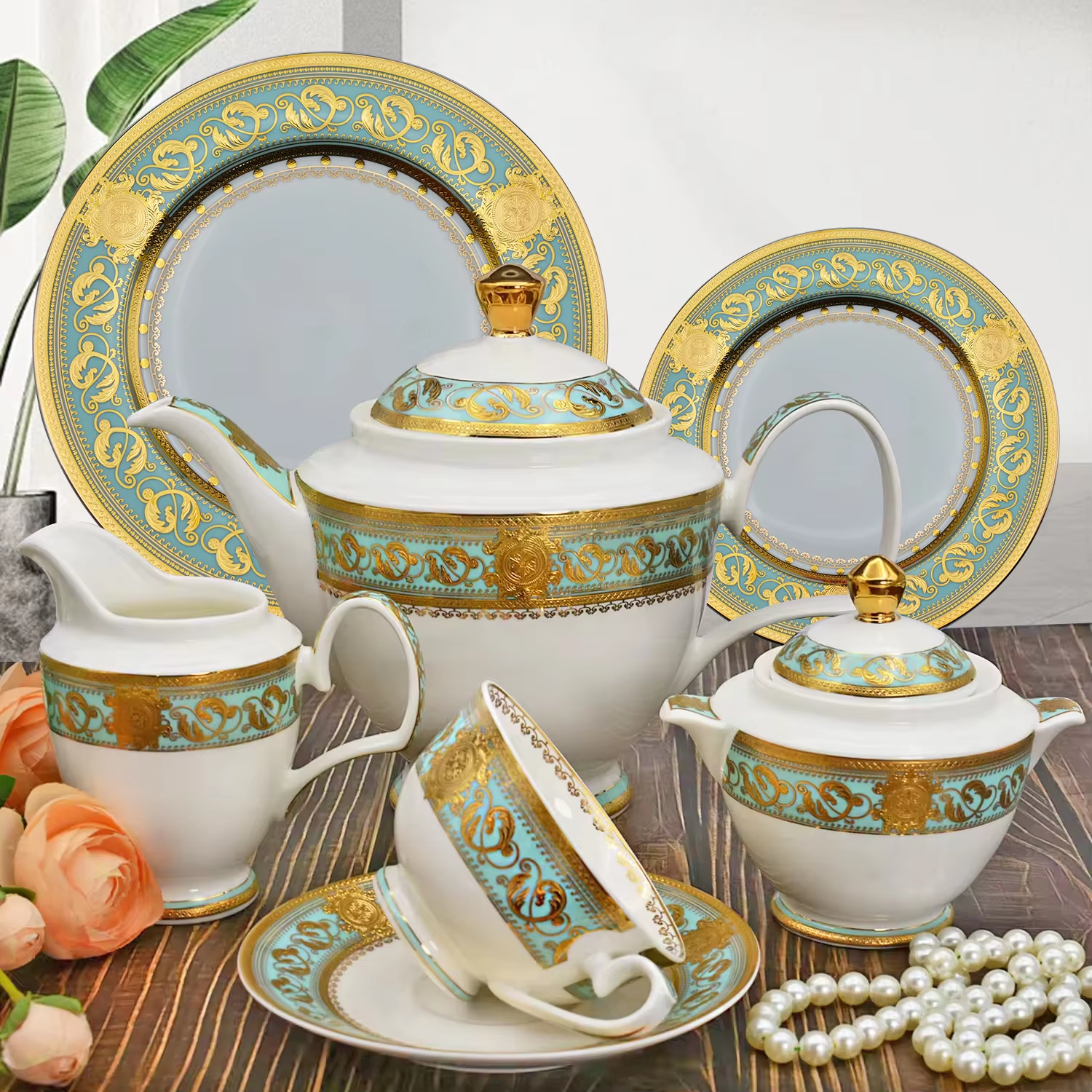 Aurora Green Gold Rim Bone china Tea Sets for 6